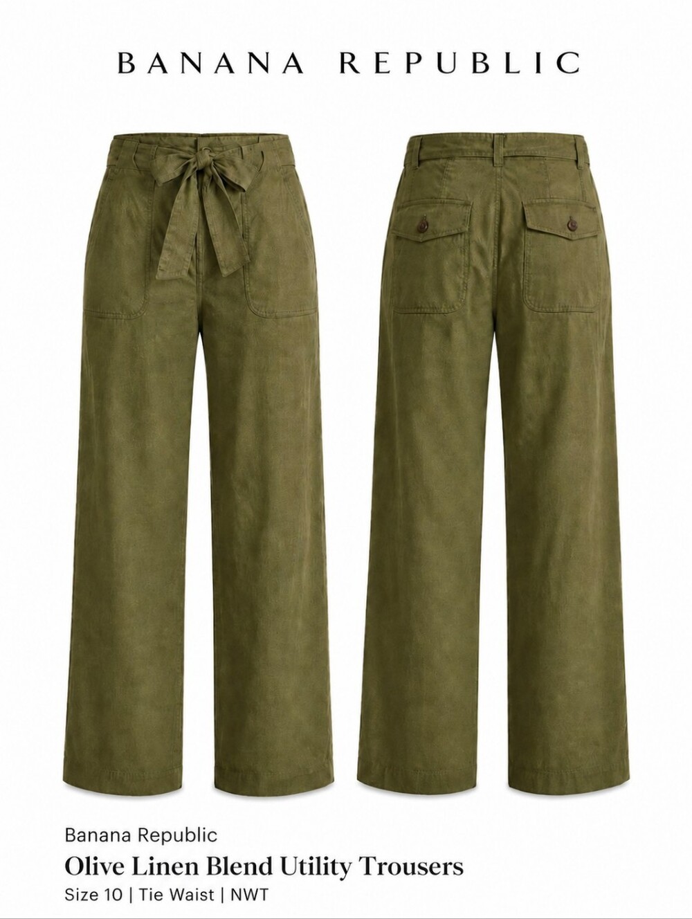 Banana Republic |Olive Linen Blend Utility Trousers |Size 10 |Tie Waist |NWT - Picture 7 of 8